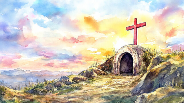 Sunrise cross hill tomb, watercolor landscape, empty stone cave, peaceful resurrection scene with glowing sky and gentle light