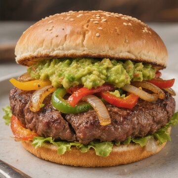 Fajita Inspired Burger Grilled beef strips saut&eacute;ed peppers onio