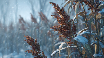 Snow-covered plants, frozen amidst the gentle snowfall, with soft focus