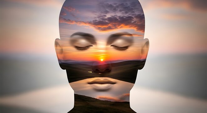 Surreal portrait with a face and sunset