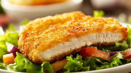 Crispy chicken cutlet fresh salad lettuce tomato onion closeup gourmet meal