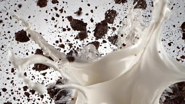 Exploding Oreo Cookies with White Cream Filling in Midair on White Background