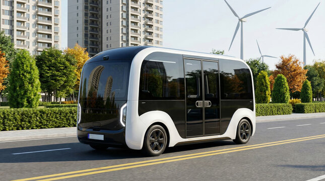 Transport autonomous future public transportation futuristic vehicle mobility driverless smart shuttle on city road
