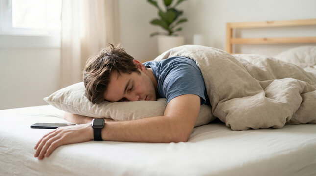 Sleep tracker man bed bedroom morning smartphone pillow blanket casual indoors Relaxed young man with sleep tracker resting pillow cozy bedroom
