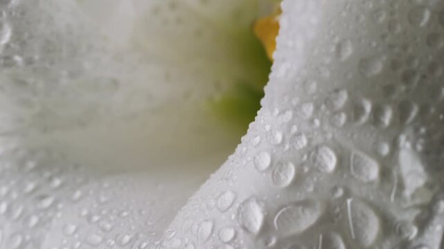 Vertical video. Liquid flower. Wet petals. Defocused white color exotic plant eustoma yellow nature drop on abstract environmental background.