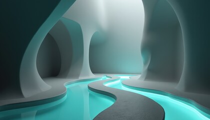 Surreal cave landscape with glowing turquoise water river and illuminated rock formations dramatic lighting ethereal atmosphere