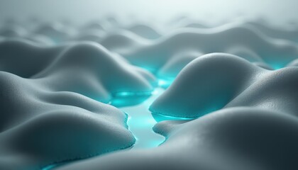 Abstract Futuristic Landscape of Glowing Cyan Water Between Smooth Gray Hills Under Soft Ambient Light Macro View
