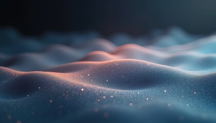 Abstract undulating landscape with glowing particles and soft focus warm light creating a magical ethereal atmosphere ideal for