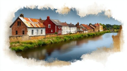 Obraz premium River flowing past houses scenic view of river water flowing by a residential street with houses