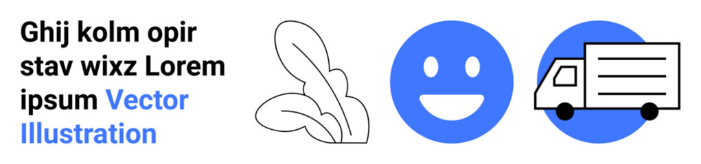 Fototapeta premium Logistics, eco-friendly concept, transportation services, emotions, sustainability, urban delivery. Smiling face, delivery truck and leaves icon in a minimalist style. Transportation services