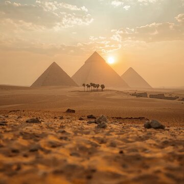 Pyramids of Giza at Sunset in the Egyptian Desert Landscape
