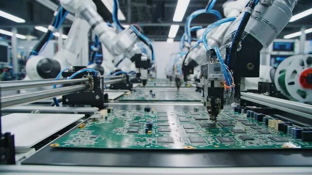 Automated Robotic Arms Assembling Circuit Boards On SMT Factory Line.