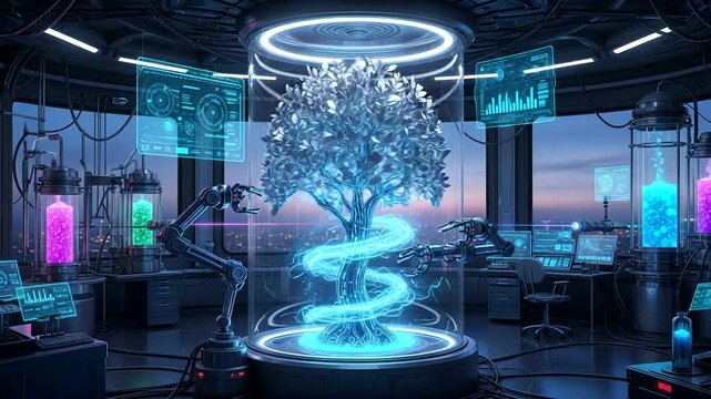 Futuristic laboratory with glowing tree in containment chamber.