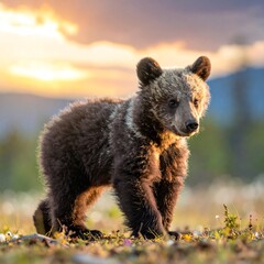 Fototapeta premium A brown bear cub standing on grassy terrain
