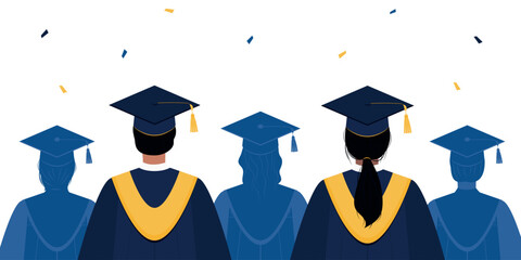 Group of students in graduation cap and gown, view from the back. College or university ceremony. Vector illustration for banner, invitation, greeting card. © YevgeniyaKoln
