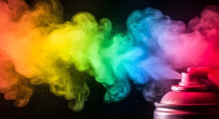 Fototapeta premium magic of rainbow, Vibrant Spray Paint Can Exploding with Colorful Rainbow Smoke Clouds on Black Background