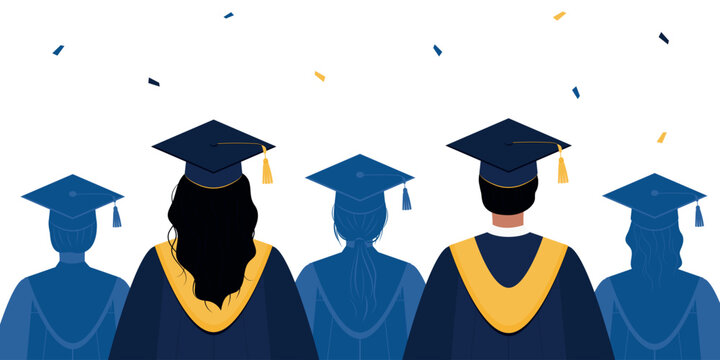 Group of students in graduation gown and cap view from the back. Graduation ceremony. Vector illustration for banner, invitation, greeting card.