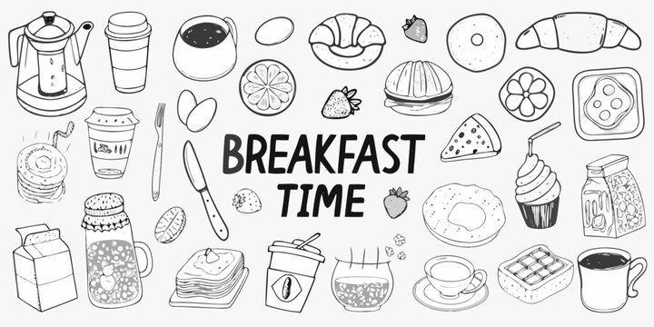 A hand drawn collection of breakfast foods and beverages in black and white