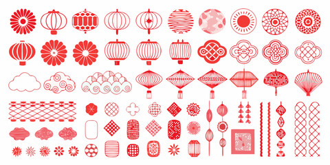 Collection of red chinese lanterns and decorative floral patterns © Barsha