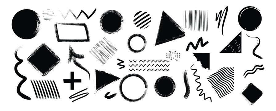 Funky crayon drawn geometric shapes and doodle lines. Black color Basic geometric shapes, dots, playful pattern, primitive forms and figures. vector illustration