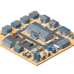 Obraz premium Isometric Factory Complex with Buildings and Vehicles.