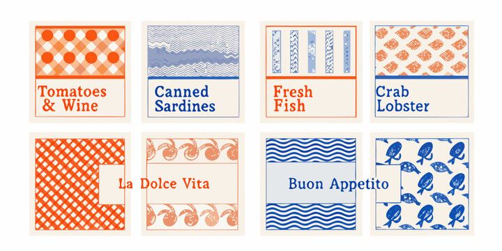 Vintage style food labels with patterned backgrounds and text