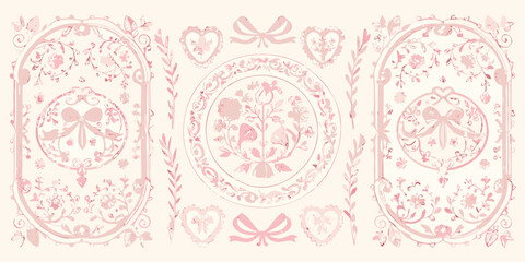Elegant pink floral patterns arranged in decorative frames and shapes © Barsha