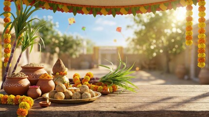 Traditional Indian puja thali with flowers, diyas, and garlands on wooden table outdoor festive morning sunlight