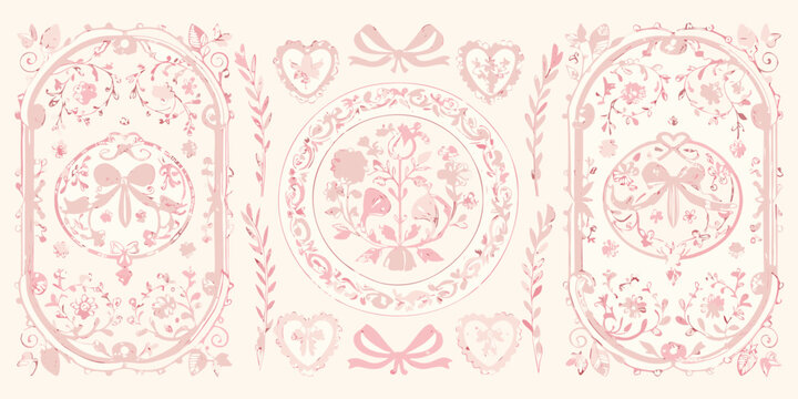 Elegant pink floral patterns arranged in decorative frames and shapes