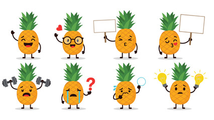 Fototapeta premium Collection of pineapple characters featuring various emotions like happy, loving, sad, crying, and thinking with light bulbs.