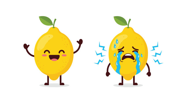 Two yellow lemon characters showing contrasting emotions of extreme joy and intense sadness with blue tears.