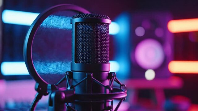 Professional studio microphone with neon lights in recording environment