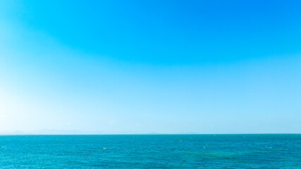 Nature clear sky and summer sea water for summer vacation concept.with sunlight of beautiful clouds blue sky with white altocumulus clouds.with	