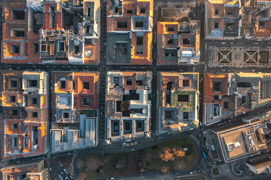 Top View Aerial Drone Photography of Historic Budapest Hungary City Blocks with Red Tile Roofs and Urban Street Grid at Dawn