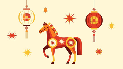 Stylized Equine Figure with Hanging Oriental Lanterns for Lunar New Year Celebration