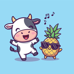 Cute Vector Cow Dancing with Pineapple Cartoon Farm Fruit Illustration