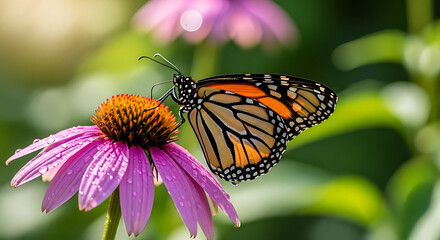 Obraz premium Monarch butterfly resting on a vibrant purple coneflower in sunlight