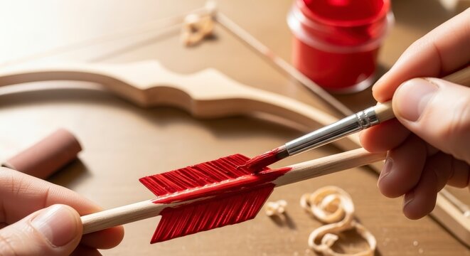 Hands holding wooden arrow with red fletching.