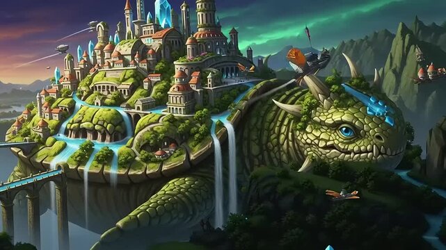 Fantasy Landscape with Dragon and Castle.
