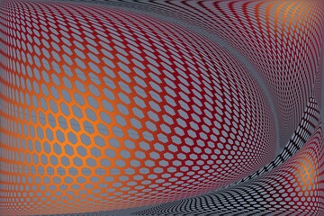 Dynamic orange and red hexagon mesh on distorted geometric background.