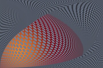 Dynamic orange and red hexagon mesh on distorted geometric background.