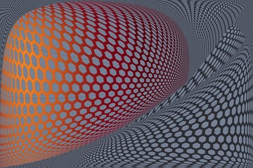 Dynamic orange and red hexagon mesh on distorted geometric background.