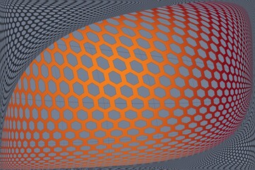 Dynamic orange and red hexagon mesh on distorted geometric background.