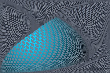 Abstract blue hexagon grid pattern with warped geometric perspective background.