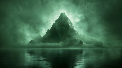A dramatic mountain landscape shrouded in dark clouds and mist, evoking a sense of mystery and wilderness
