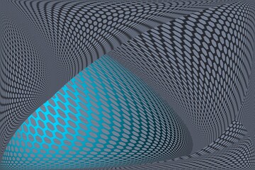 Abstract blue hexagon grid pattern with warped geometric perspective background.