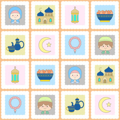 Cute Seamless Ramadan Pattern with Muslim Kids Mosque Lantern and Iftar Elements Background
