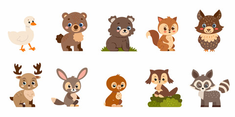 Fototapeta premium Cute cartoon forest animals including a bear deer fox and rabbit