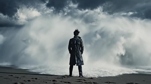 A lone figure, cloaked in a trench coat, stands steadfast on a dark, desolate beach, confronting the immense power of a towering ocean wave under a turbulent, stormy sky