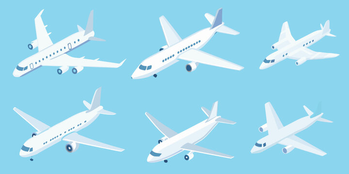 Isometric view of multiple commercial airplanes in various perspectives
